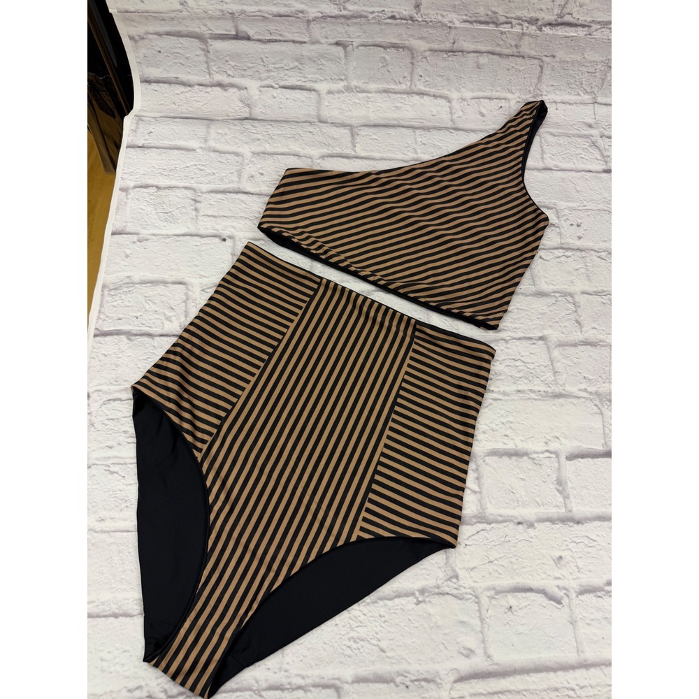 BAIIA Reversible Bikini Set Tan Black Striped One Shoulder High Waist Sz 10 Swim